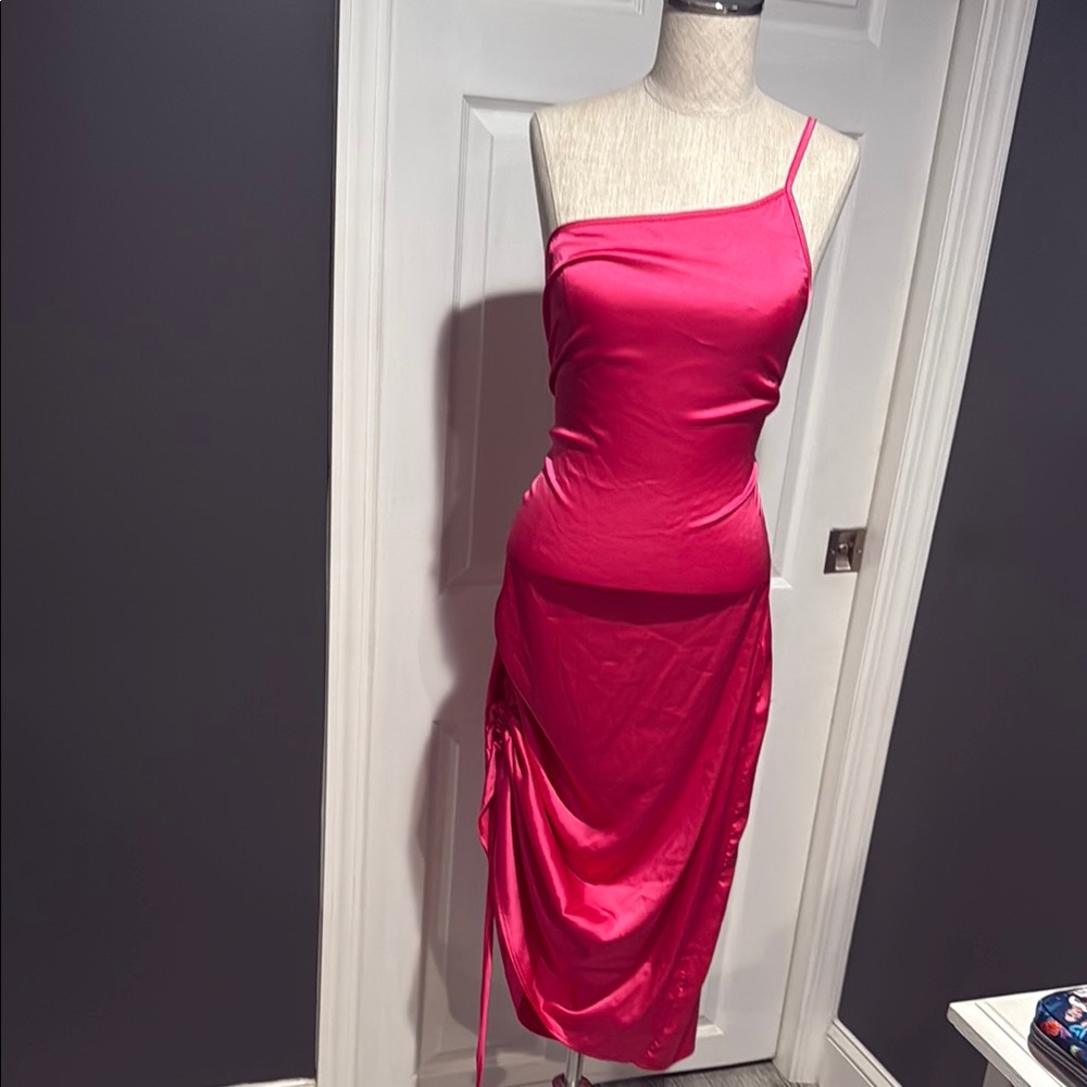 Pink Asymmetrical Ruched Cocktail Dress